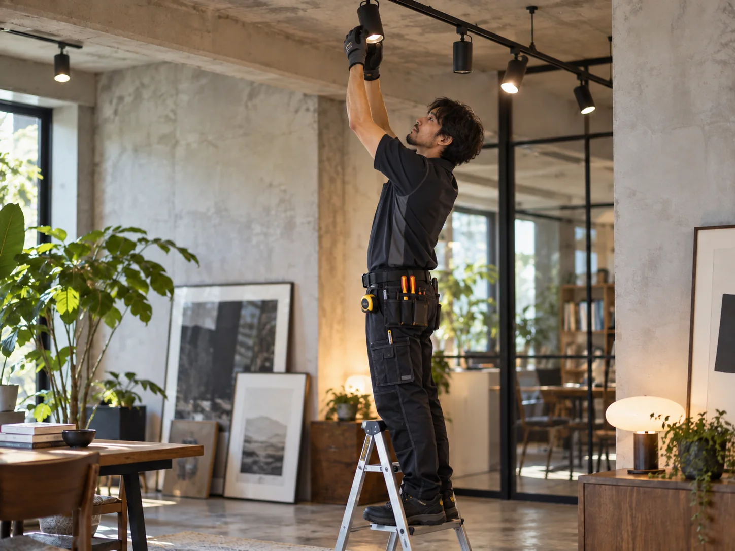 Elektricien die verlichting monteert in een modern interieur, gebruikt als sfeerbeeld voor het fictieve Voltveer concept